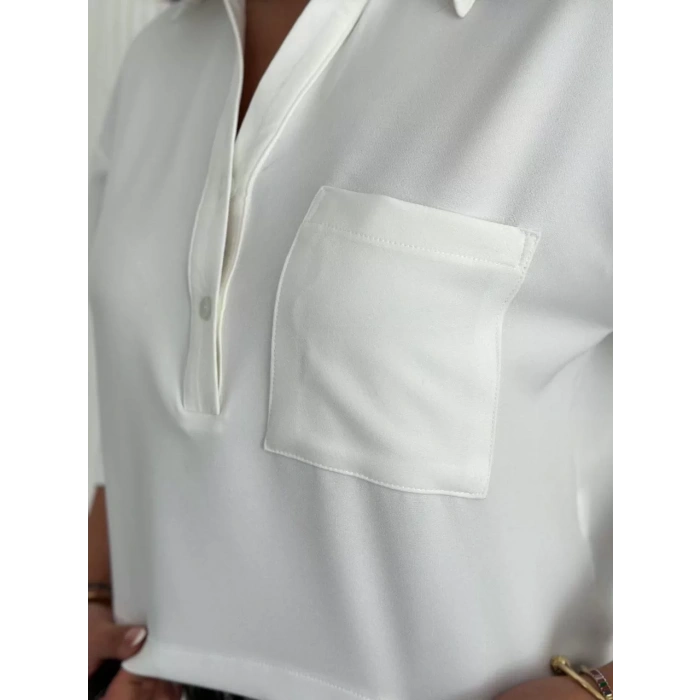 Z Krep Kadın Crop Yakalı Gömlek İlik Düğmeli Üç Çeyrek Sleeve Kol - Beyaz