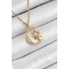 316L Çelik Zirkon Taşlı Kutup Yıldızlı Hilal Model Gold Renk Kadın Kolye
