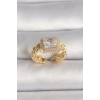 Pirinç Gold Renk Zincir Model Kare Zirkon Taşlı Kadın Yüzük