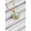 316L Çelik Zincir Zirkon Taşlı Turkuaz Sanatsal Portre İnci Detaylı Kelebek Model Gold Renk Kadın Kolye
