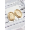 Pirinç Mermer Desenlli Bej Sedef Oval Vintage Model Gold Renk Kadın Küpe