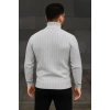 Erkek Balıkcı Yaka Bağazlı Triko Kazak Pamuklu Kalın Fitilli Dokuma, Regular Fit Uzun Kollu Kışlık Model - Gri