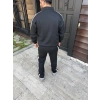 Erkek Çift Şeritli Eşofman Takım Dik Yaka Fermuarlı Sweatshirt Boru Paça Alt, Oversize 3 iplik Pamuklu - Siyah