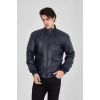 Erkek Fermuarlı İçten Elyaf ve Astarlı Suni Deri Ceket - Lacivert