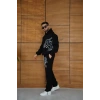 Erkek Kapüşonlu Eşofman Takım Graffiti Baskılı Oversize Rahat Kalıp, Kanguru Cepli, Streetwear Tarzında Premium Ürün 3 iplik Pamuklu - Siyah