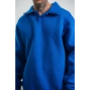 Erkek Patlı Yaka Üç İplik Pamuklu Sweatshirt Double Oversize Rahat Kalıp Günlük Kullanım - Mavi