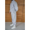 Erkek Premium Parçalı Eşofman Takım - Dik Yaka Fermuarlı Biyeli Sweatshirt Lastik Paça Alt, Oversize 3 iplik Şardonlu - Gri