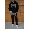 Erkek Premium Taş Baskılı Eşofman Takım Revenge Model (Siyah) Kapüşonlu Üst + Taşlı Baskılı Alt Modern Streetwear Tarzı Oversize Rahat Kalıp 3 iplik Pamuklu - Siyah
