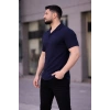 Erkek Waffle Kumaş Kısa Kollu Düğmeli Açık Yaka Regular Fit Gömlek - Lacivert