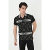 Erkek Yakalı Slim Fit Baskılı T-Shirt - Siyah