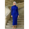 Kadın Boğazlı Uzun Fitilli Tesettüre Uygun Triko Dokuma Elbise - Saks Mavisi