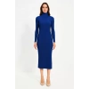 Kadın Boğazlı Triko Elbise – Uzun Fitilli Esnek Dokuma, Tam Kalıp, Kışlık & Baharlık Şık Rahat Stil, 130 cm Midi Boy Elbise - Saks Mavisi