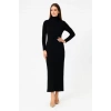 Kadın Boğazlı Triko Elbise – Uzun Fitilli Esnek Dokuma, Tam Kalıp, Kışlık & Baharlık Şık Rahat Stil, 130 cm Midi Boy Elbise - Siyah