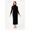 Kadın Boğazlı Triko Elbise – Uzun Fitilli Esnek Dokuma, Tam Kalıp, Kışlık & Baharlık Şık Rahat Stil, 130 cm Midi Boy Elbise - Siyah