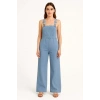 Kadın Chambray Açık Mavi Denim Görünümlü Geniş Paça Salopet Tulum - Mavi