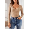 Kadın Fitilli Kaşkorse V Yaka Uzun Kollu Body Bluz Slim Fit - Bej
