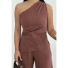 Kadın Keten Asimetrik Tek Omuzlu Bluz Pantalon Takım- Bordo