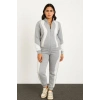 Kadın Premium Parçalı Eşofman Takım - Dik Yaka Fermuarlı Sweatshirt - Gri