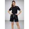 Kadın Spor Tişört Şort Takım Kontrast Dikiş Detaylı Ovarsize rahat kalıp - Siyah