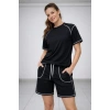 Kadın Spor Tişört Şort Takım Kontrast Dikiş Detaylı Ovarsize rahat kalıp - Siyah