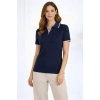 Kadın Triko Kumaş Yakalı Düğmesiz Açık Yaka Fitilli Kısa Kollu Regular Fit Tişört T-shirt - Lacivert