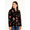 Kadın Yarım Fermuarlı Desenli Polar Sweat Tribal Etnik Desen Yakalı, Uzun Kollu, Oversize Rahat Kalıp - Siyah