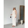 Keten Kolsuz Sıfır Yaka İlik Düğmeli Kolsuz Hırka Etek ikili Takım- Beyaz