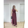 Kolsuz Göğüs Lastıklı %100 Poplin Uzun Elbise - Bordo
