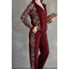 Osy Modal Yumuşak Dokulu Kumaş Kapüşonlu Leopar Desenli Fermuarlı Takım - Bordo