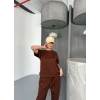Osy Modal Yumuşak Dokulu Kumaş Kısa Kollu Bluz Rahat Pantalon ikili Takım- Kahverengi