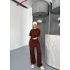 Osy Modal Yumuşak Dokulu Kumaş Kısa Kollu Bluz Rahat Pantalon ikili Takım- Kahverengi