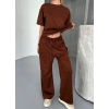 Osy Modal Yumuşak Dokulu Kumaş Kısa Kollu Bluz Rahat Pantalon ikili Takım- Kahverengi