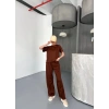Osy Modal Yumuşak Dokulu Kumaş Kısa Kollu Bluz Rahat Pantalon ikili Takım- Kahverengi