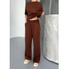 Osy Modal Yumuşak Dokulu Kumaş Kısa Kollu Bluz Rahat Pantalon ikili Takım- Kahverengi