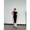 Striptiz Omuzlu Uzun Elbise- Kahve