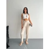 Kadın Yüksel Bel Beli Bağcıklı Rahat Boru Paça Pantalon - Kırık Beyaz