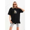 Unisex Baskılı Oversize T-Shirt - Siyah