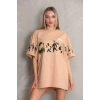 Unisex Bisiklet Yaka Baskılı Oversize T-Shirt - Bej