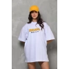 Unisex Bisiklet Yaka Baskılı Oversize T-Shirt - Beyaz