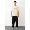 Unisex Bisiklet Yaka Baskılı Oversize T-Shirt - Beyaz