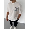 Unisex Bisiklet Yaka Baskılı Oversize T-Shirt - Beyaz