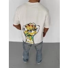 Unisex Bisiklet Yaka Baskılı Oversize T-Shirt - Beyaz