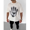 Unisex Bisiklet Yaka Baskılı Oversize T-Shirt - Beyaz