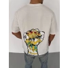Unisex Bisiklet Yaka Baskılı Oversize T-Shirt - Beyaz