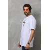 Unisex Bisiklet Yaka Baskılı Oversize T-Shirt - Beyaz