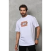 Unisex Bisiklet Yaka Baskılı Oversize T-Shirt - Beyaz