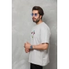 Unisex Bisiklet Yaka Baskılı Oversize T-Shirt - Gri