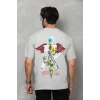 Unisex Bisiklet Yaka Baskılı Oversize T-Shirt - Gri