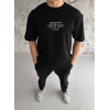 Unisex Bisiklet Yaka Baskılı Oversize T-Shirt - Siyah