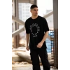 Unisex Bisiklet Yaka Baskılı Oversize T-Shirt - Siyah